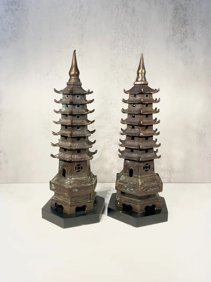 Antique-Style Bronze Pagoda Pair For Asian-Inspired Decor 1