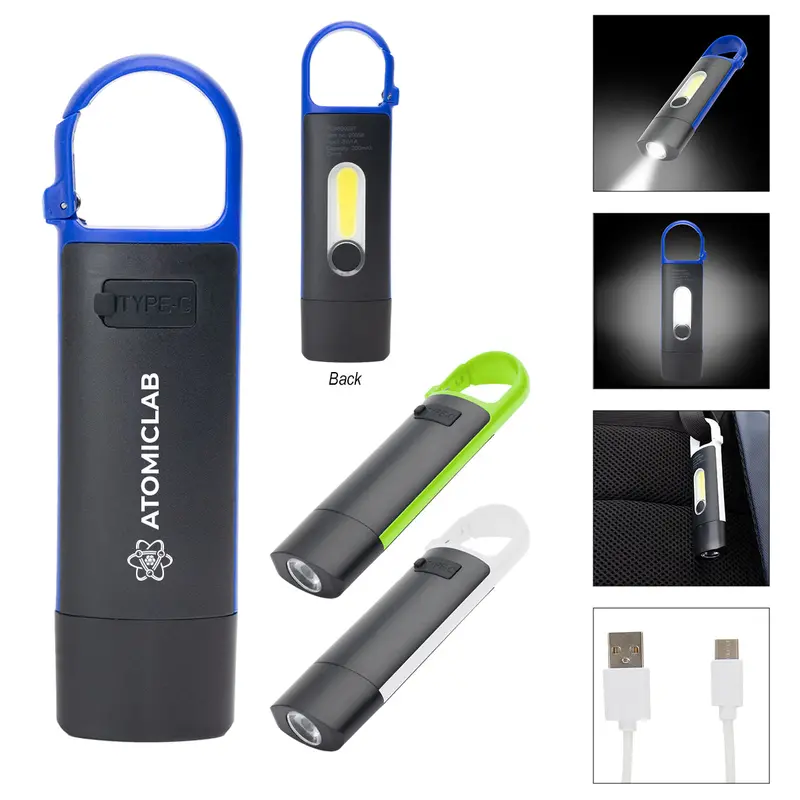Clip-On Rechargeable Cob Flashlight With Carabiner Hook 1