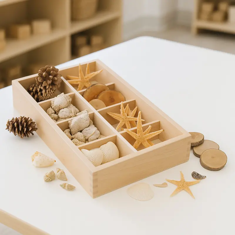 Nature Sorting Kit – Real Starfish, Seashells, Pine Cones & Tree Rings With Wooden Sorting Tray 1