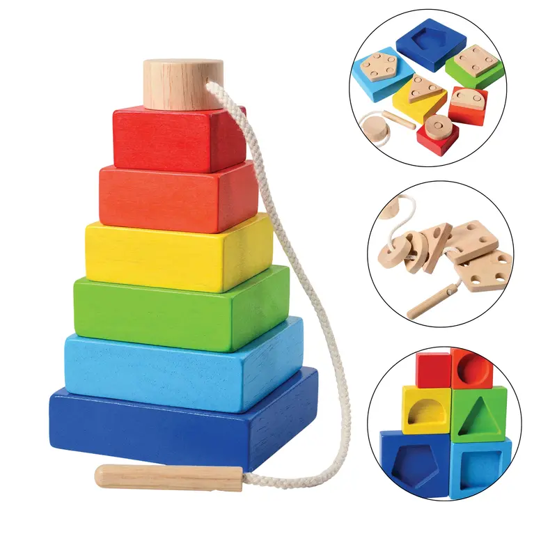 Rainbow 4-In-1 Stacking Set – Wooden Tower, Lacing Beads, Counting Rings & Early Math Toy 1