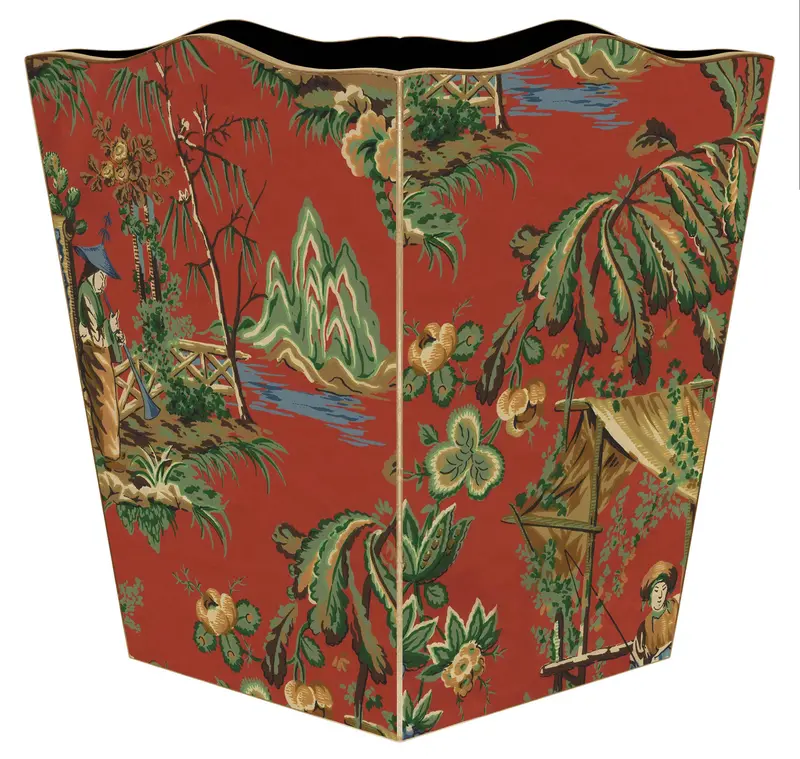 Red Chinoiserie Wooden Waste Bin With Oriental Design 1